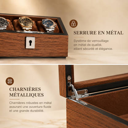 Boîte à montres en bois marron, détails de la serrure et des charnières métalliques