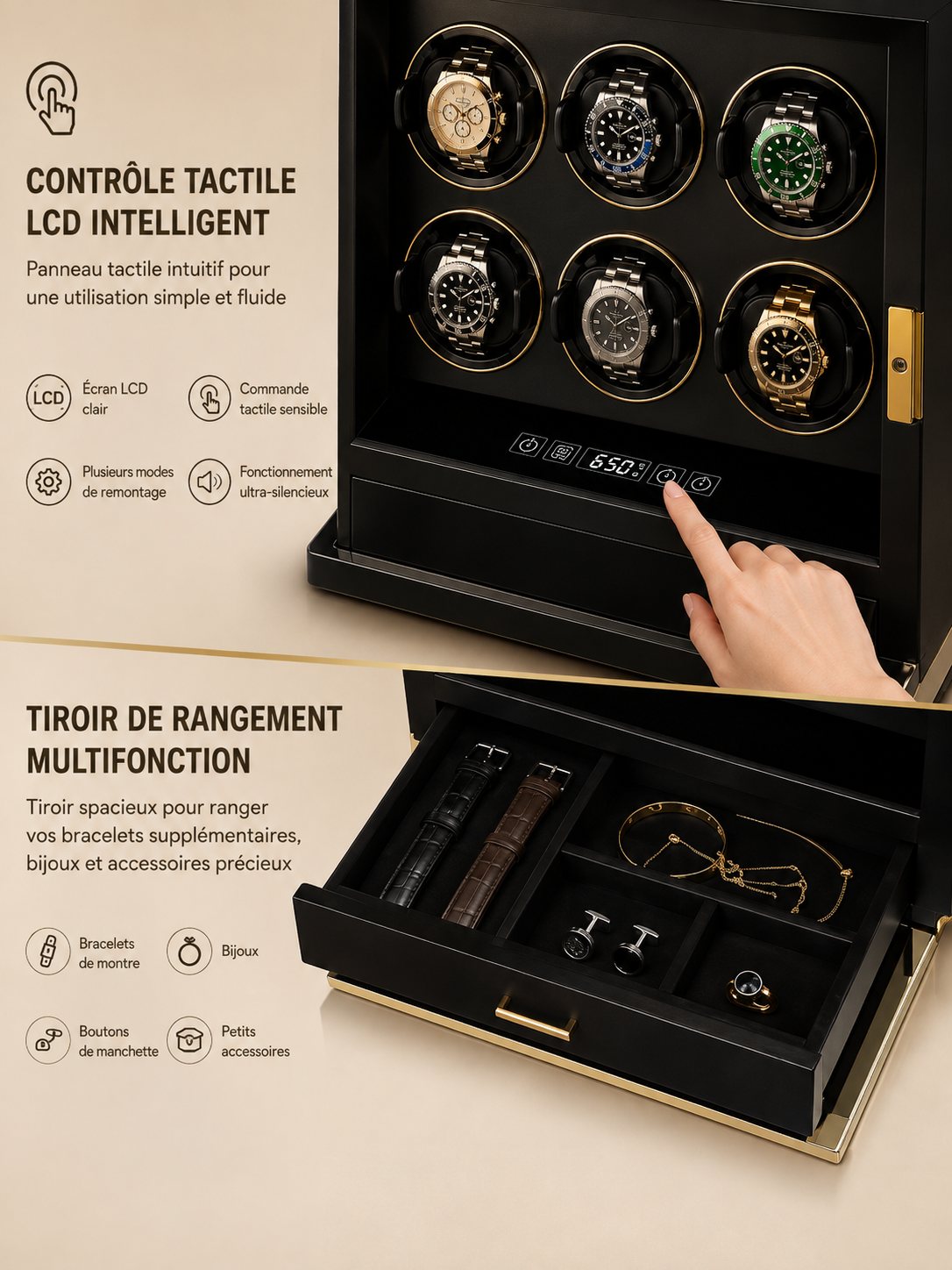 Remontoir automatique noir, contrôle tactile LCD et tiroir de rangement pour bracelets et bijoux