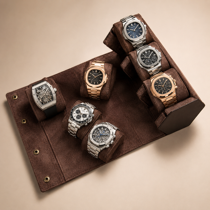 Étui à montres en cuir nubuck marron avec 6 montres présentées sur coussins