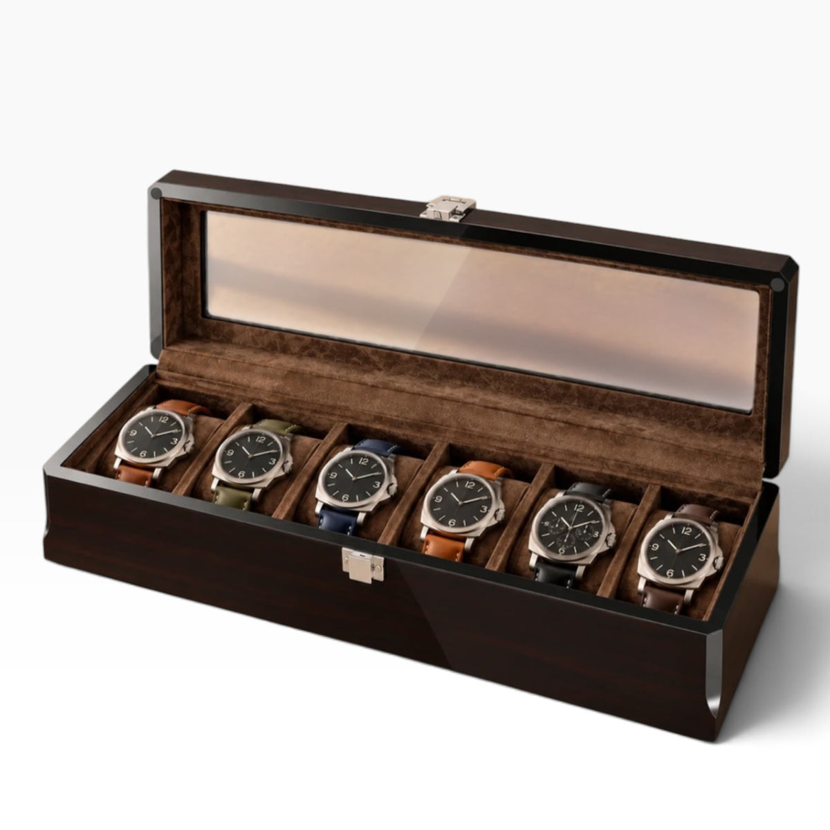 Boîte à montres en bois laqué foncé, ouverte avec 6 montres, intérieur velours et couvercle vitré