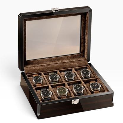 Boîte à montres en bois laqué ébène, ouverte avec 8 montres, intérieur brun et couvercle vitré