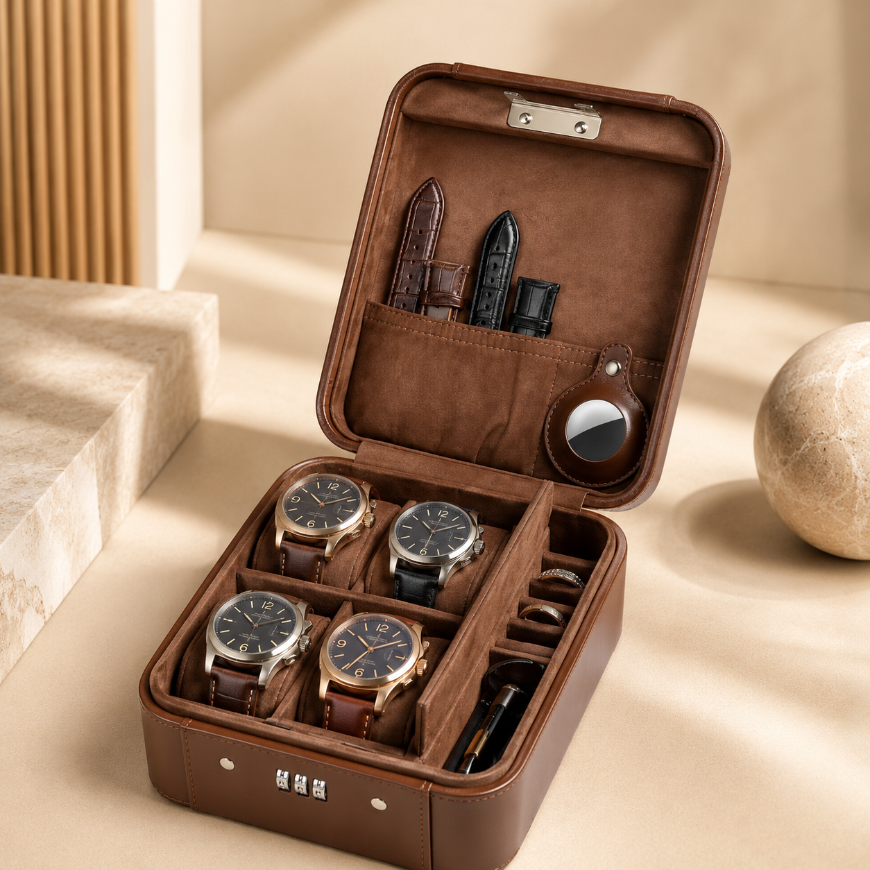 Boîte à montres en cuir marron ouverte avec 4 montres