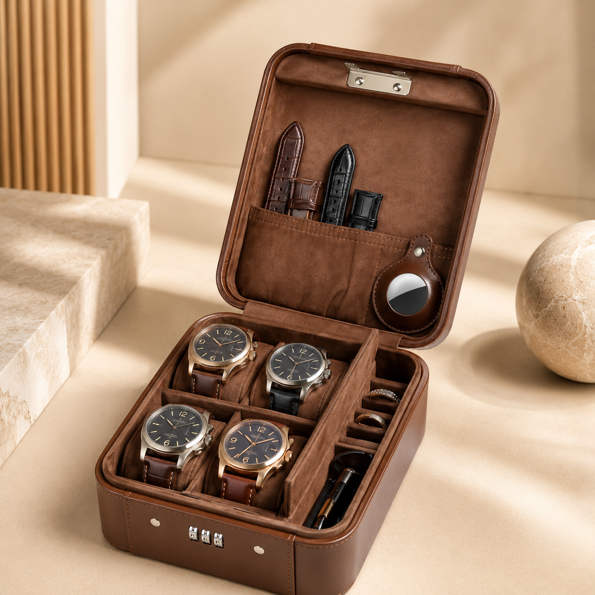 Boîte à montres en cuir marron ouverte avec 4 montres