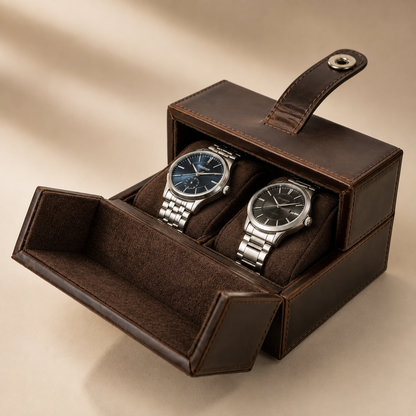 Boîte à montres de voyage en cuir véritable marron, ouverte avec 2 montres – vue 4