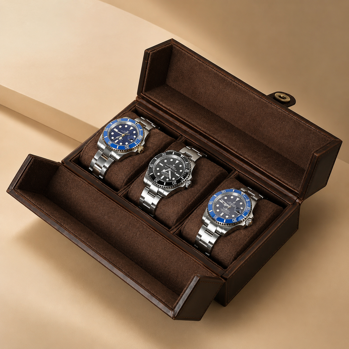 Boîte à montres de voyage en cuir marron, ouverte avec 3 montres – vue 2