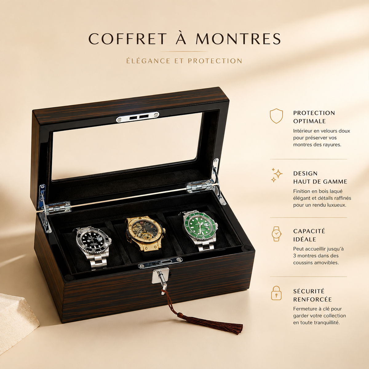 Boîte à montres en bois ouverte avec 3 montres, visuel marketing