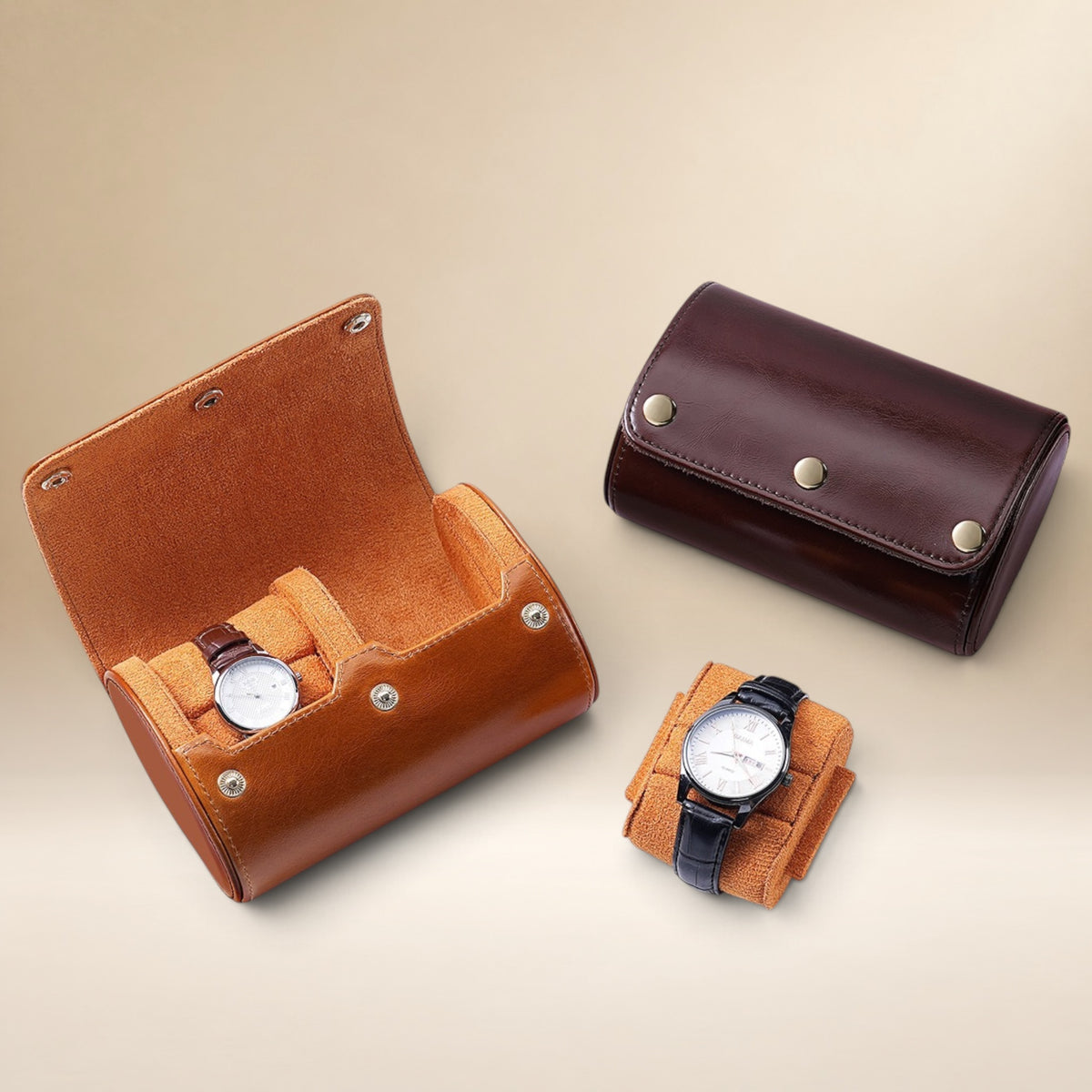 Étui à Montre en Cuir Véritable avec Rangement pour Bagues - 2 Montres