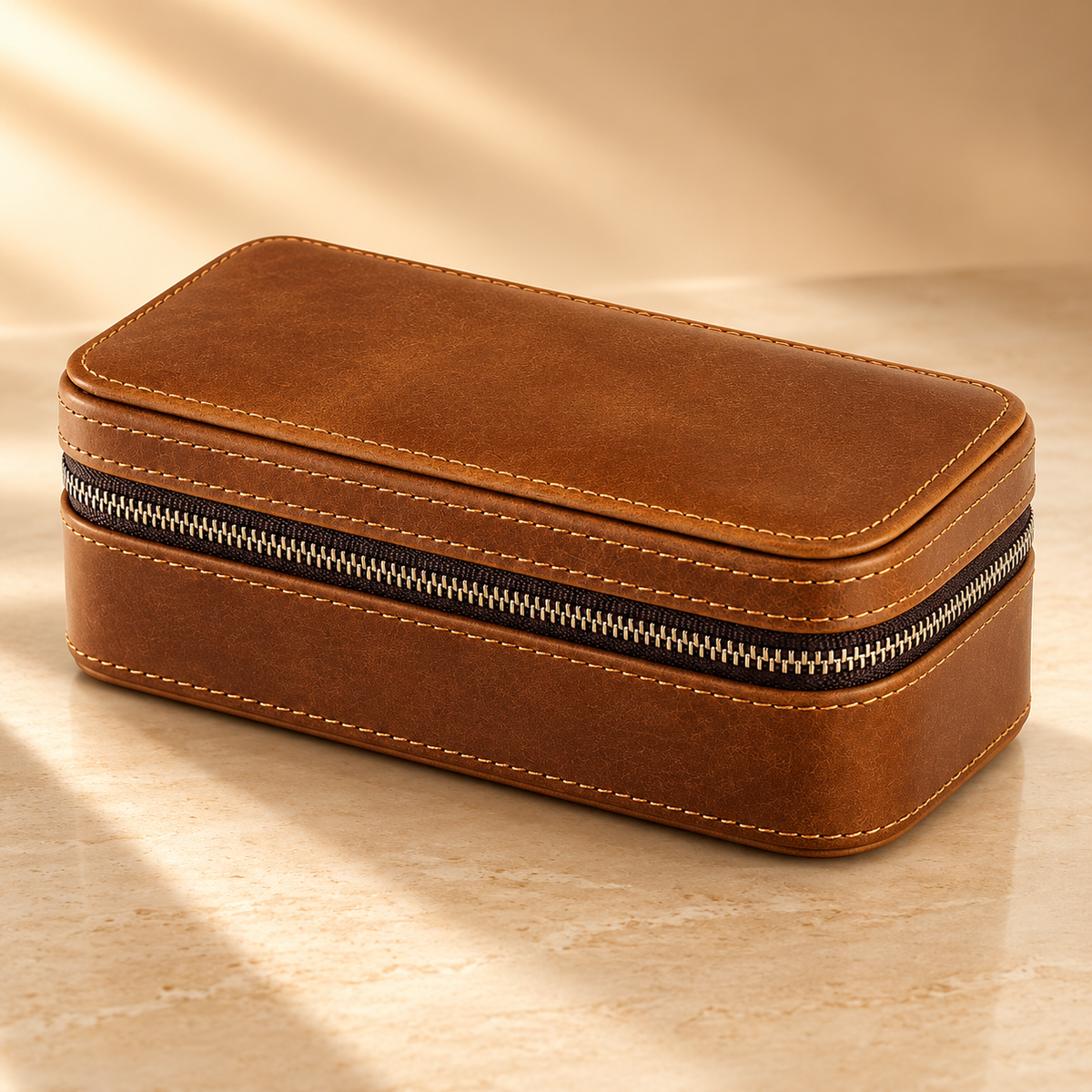 Étui de voyage zippé en cuir caramel fermé
