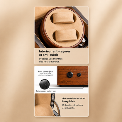 Remontoir automatique en bois, détails de l'intérieur anti-rayures, de la prise arrière et des accessoires en acier inoxydable