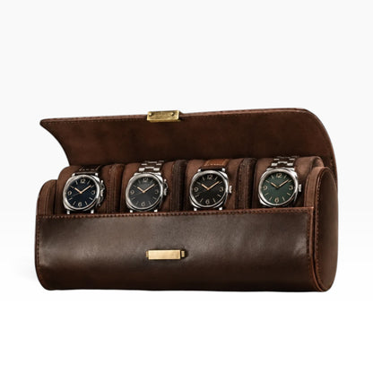 Étui roulé à montres de voyage en cuir marron ouvert avec 4 montres