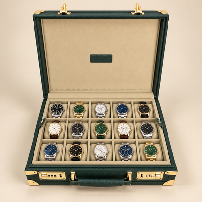 Boîte à Montres Vert en Cuir Microfibre – 15 Montres