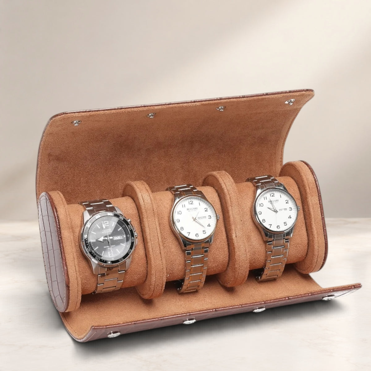 Lot de 3 Étuis à Montre en Cuir PU Caramel effet crocodile – 1, 2 et 3 Montres