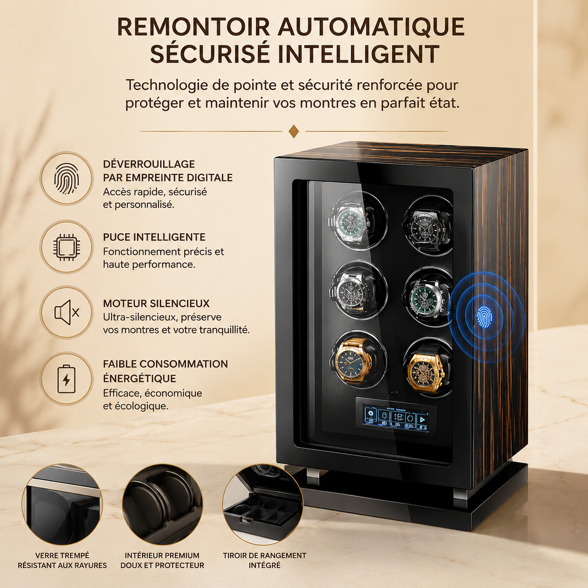 Remontoir automatique en bois, déverrouillage par empreinte digitale