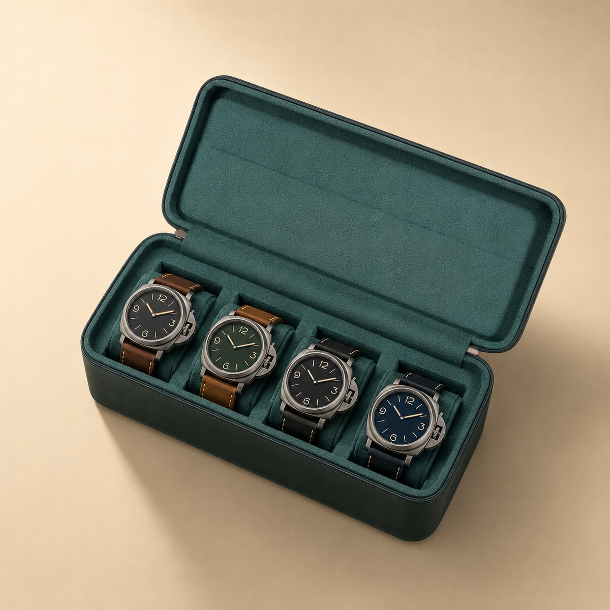 Étui à montres en cuir vert foncé ouvert avec 4 montres