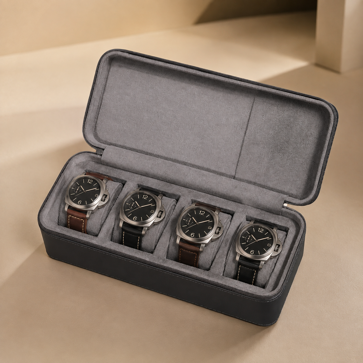 Étui à montres en cuir noir ouvert avec 4 montres, autre angle