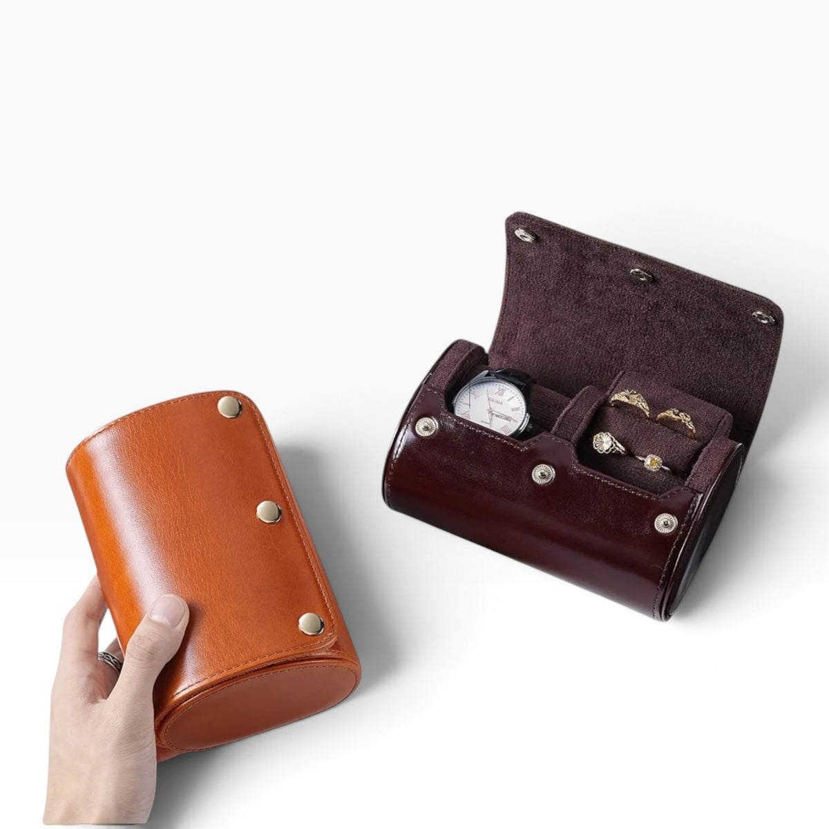 Étui à Montre en Cuir Véritable avec Rangement pour Bagues - 2 Montres