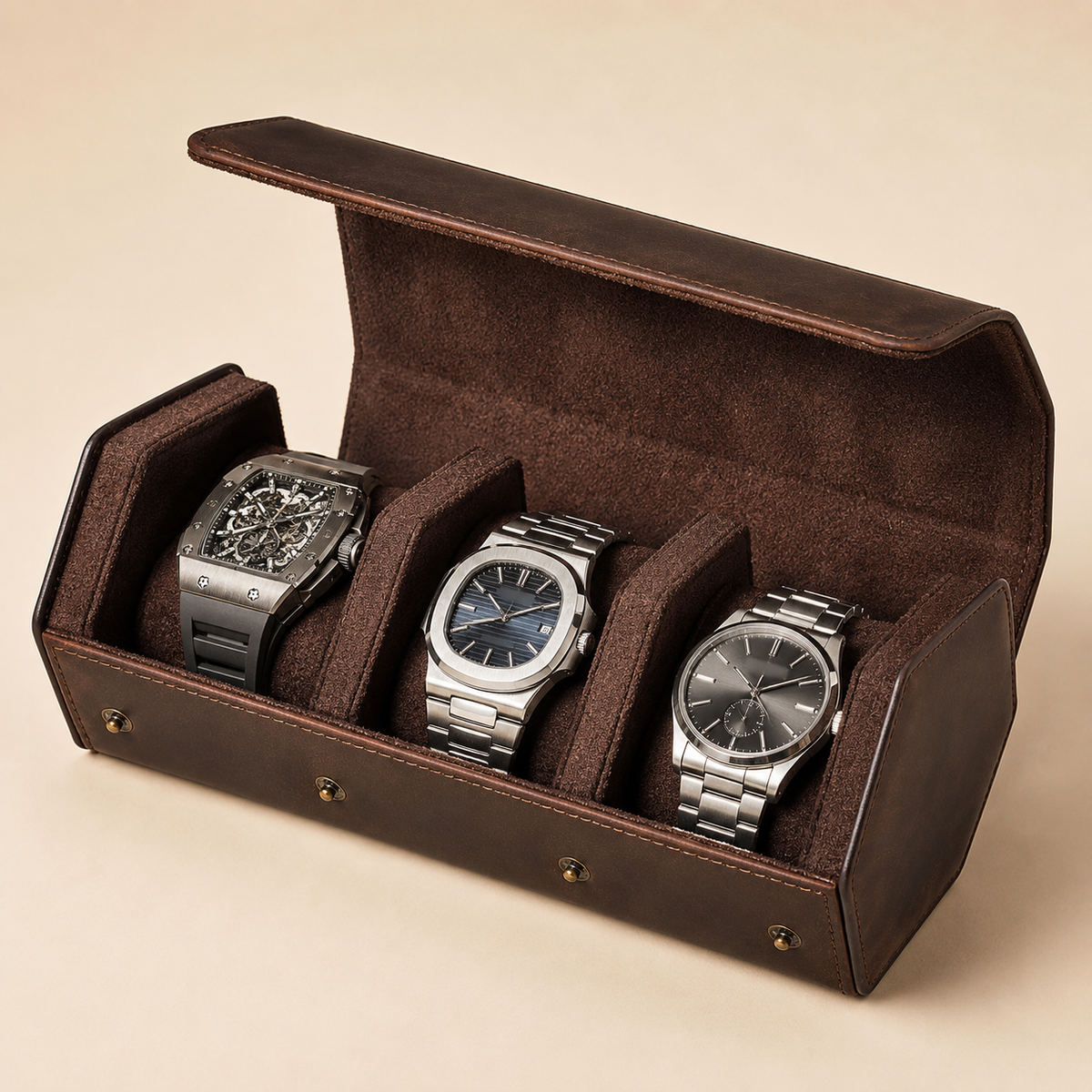 Étui de voyage à montres en cuir nubuck marron, ouvert avec 3 montres différentes