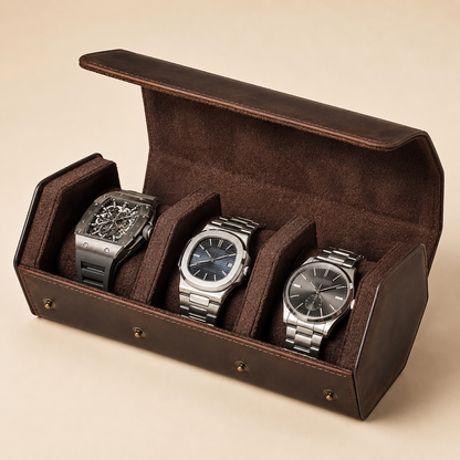Étui de voyage à montres en cuir nubuck marron, ouvert avec 3 montres différentes