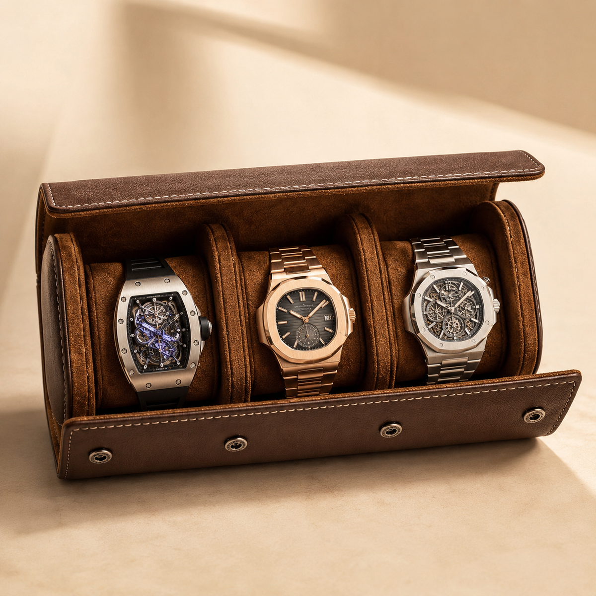 Étui à montres de voyage en cuir marron, ouvert avec 3 montres – vue 2