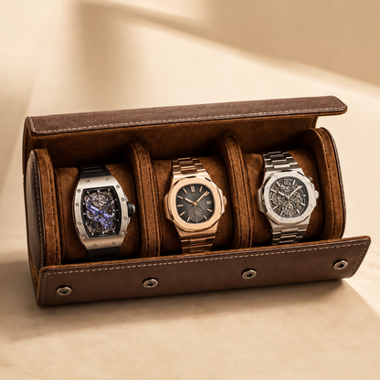 Étui à montres de voyage en cuir marron, ouvert avec 3 montres – vue 2