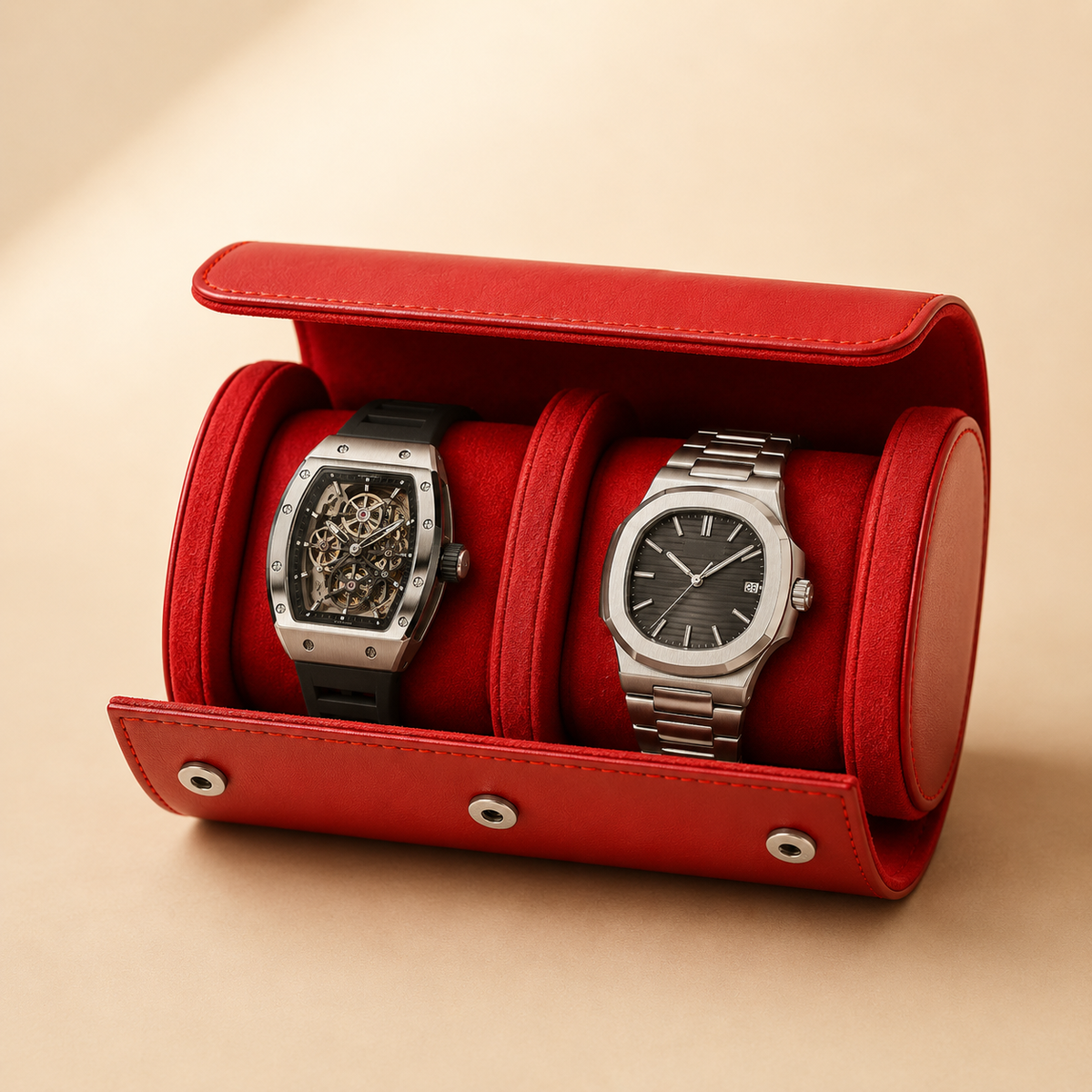 Étui à montre en cuir rouge ouvert avec 2 montres – vue 2