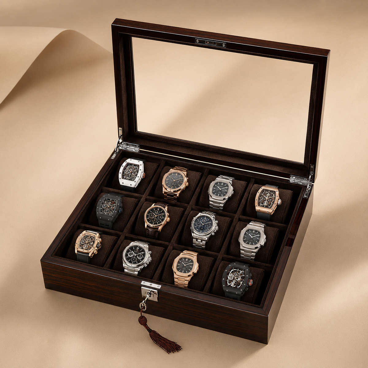 Boîte à montres en bois ouverte avec 12 montres – vue 2