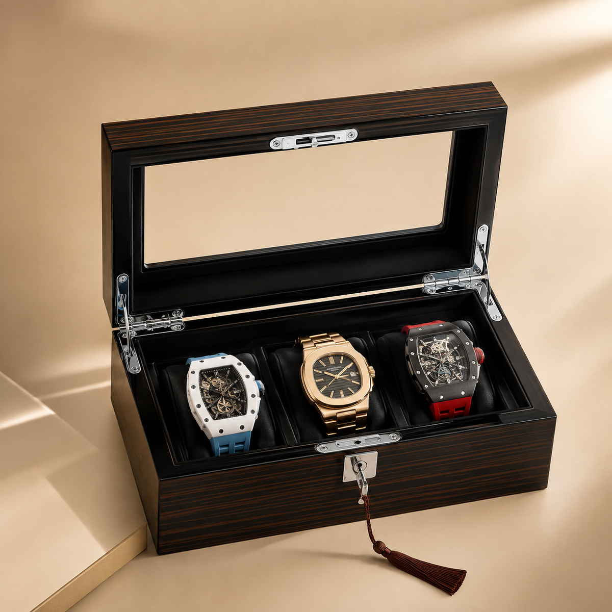 Boîte à montres en bois ouverte avec 3 montres – vue 2