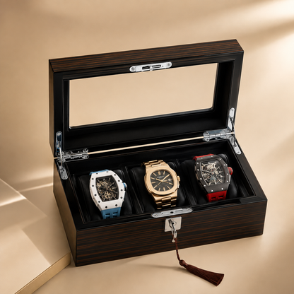 Boîte à montres en bois ouverte avec 3 montres – vue 2