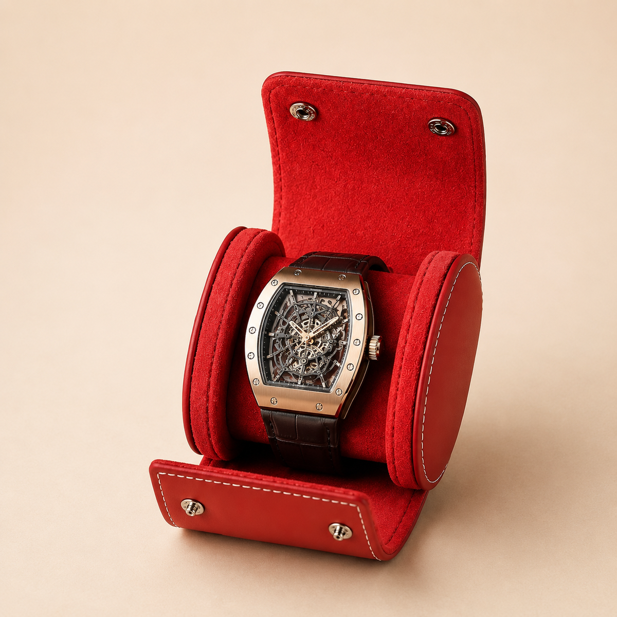 Étui à montre en cuir rouge ouvert avec 1 montre – vue 2