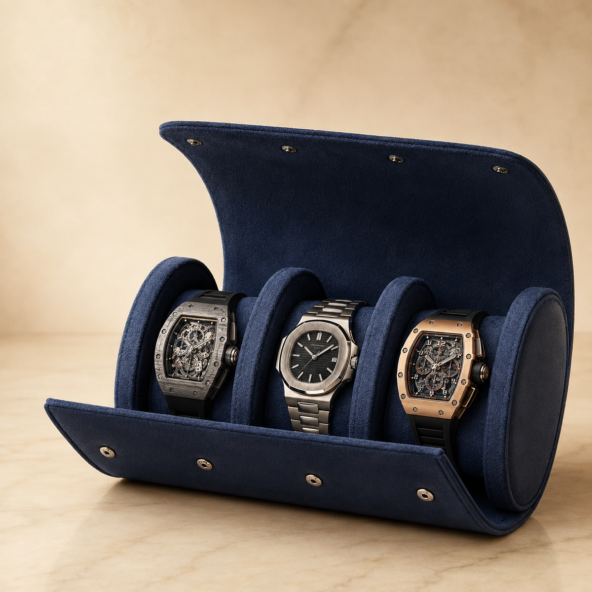 Étui à montres en cuir bleu saphir ouvert avec 3 montres – vue 2