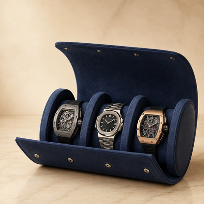 Étui à montres en cuir bleu saphir ouvert avec 3 montres – vue 2
