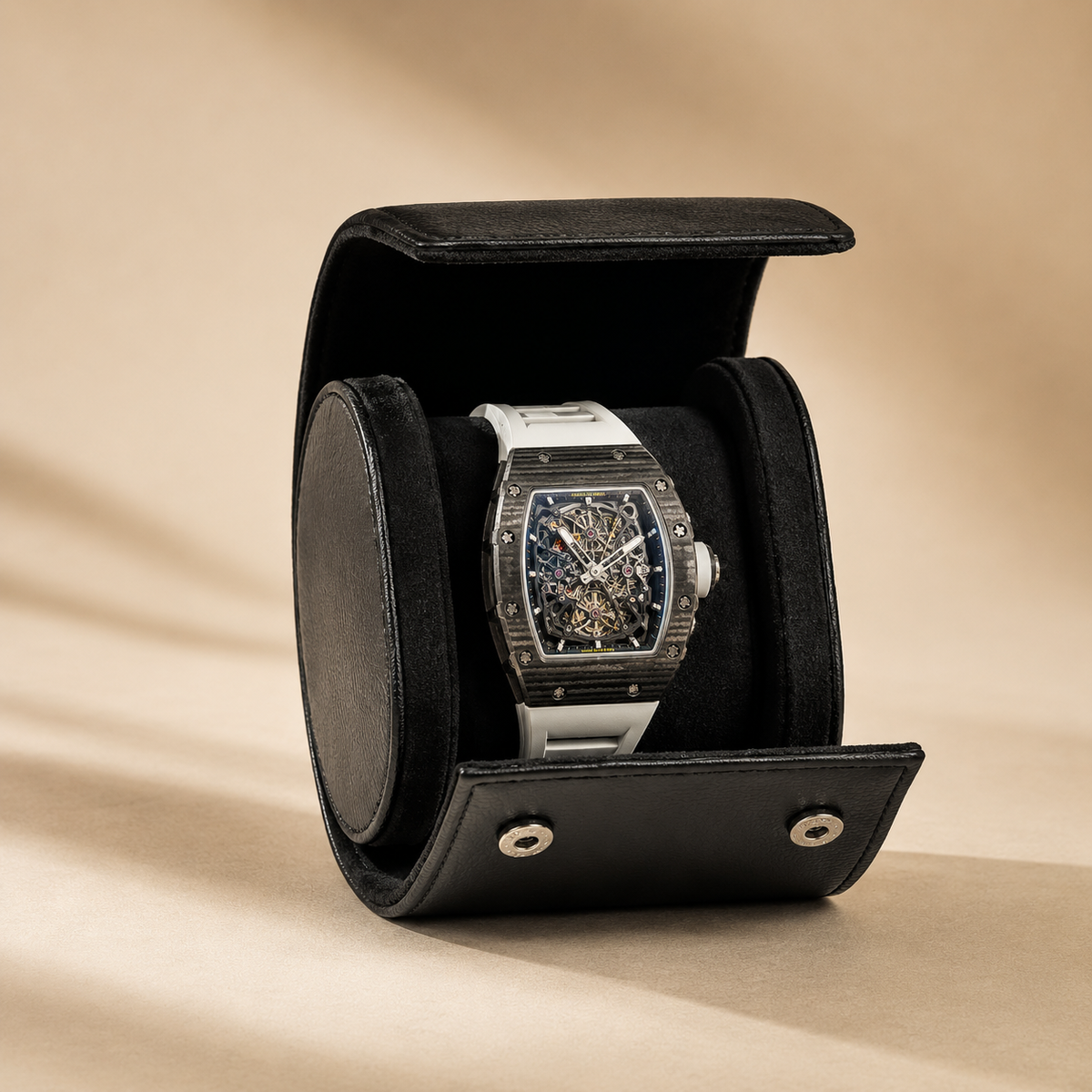 Étui à montre en cuir noir ouvert avec 1 montre – vue 3