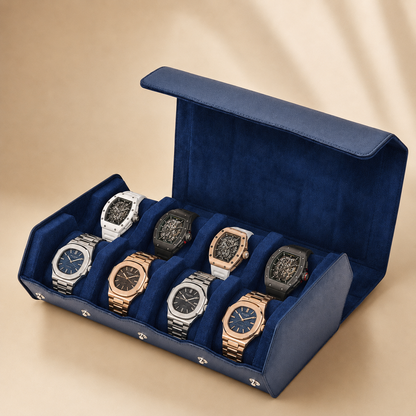 Boîte à montres en cuir bleu saphir ouverte avec 8 montres – vue 2
