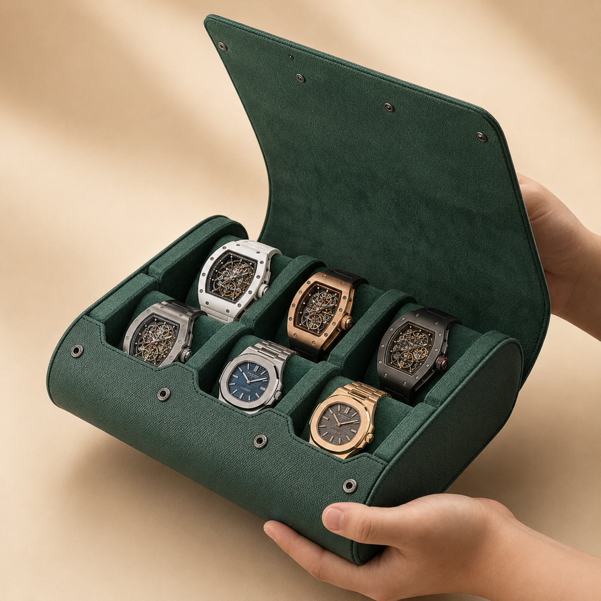 Étui à montres de voyage en cuir végan vert, ouvert avec 6 montres – vue 2