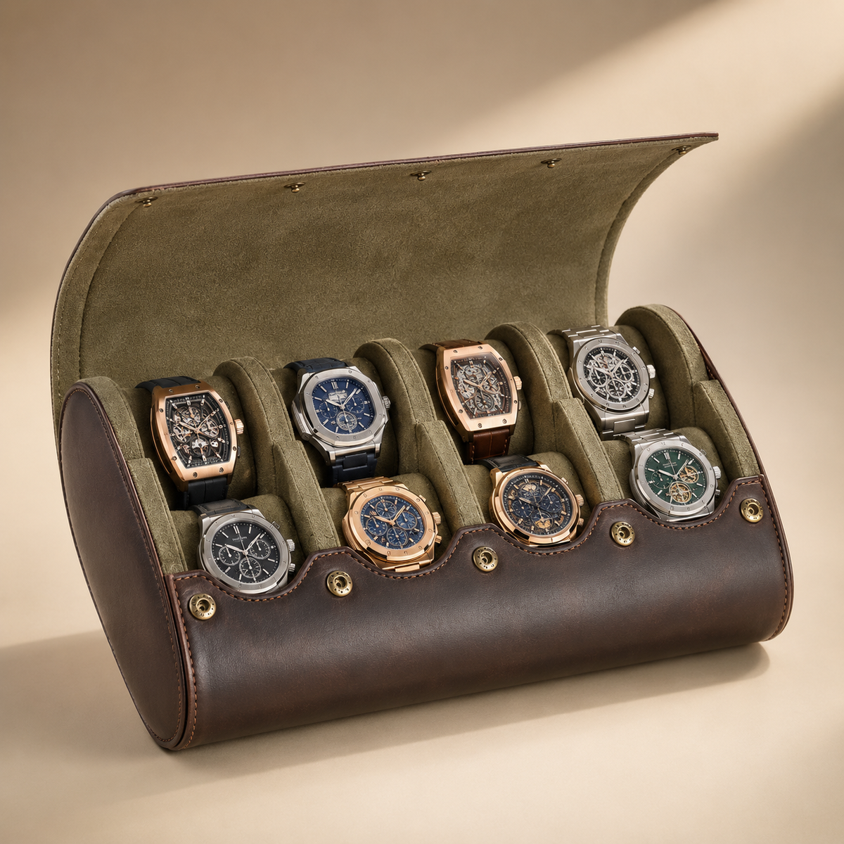 Étui de voyage à montres en cuir véritable marron, vue de trois-quarts avec 8 montres
