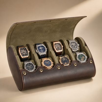 Étui de voyage à montres en cuir véritable marron, vue de trois-quarts avec 8 montres