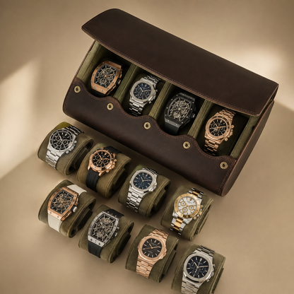 Étui à montres en cuir véritable marron avec plusieurs montres présentées sur coussins