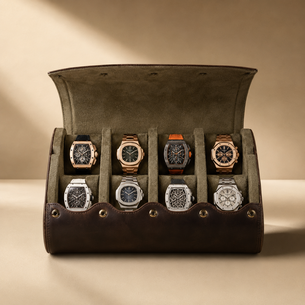 Étui de voyage à montres en cuir véritable marron, vue de face ouvert avec 8 montres