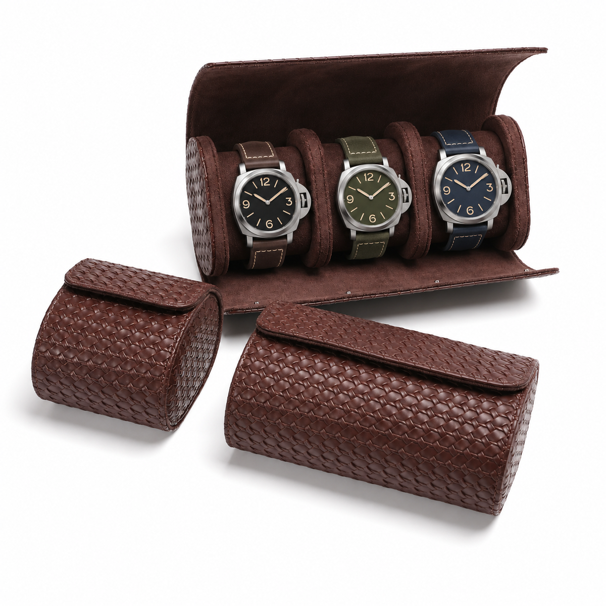 Lot de 3 étuis à montre en cuir PU matelassé marron chocolat pour 1, 2 et 3 montres