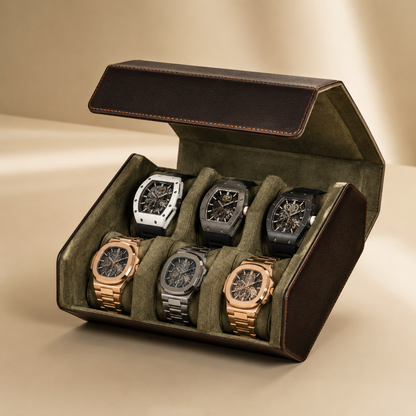 Boîte à montres en cuir véritable marron, ouverte avec 6 montres sur fond clair