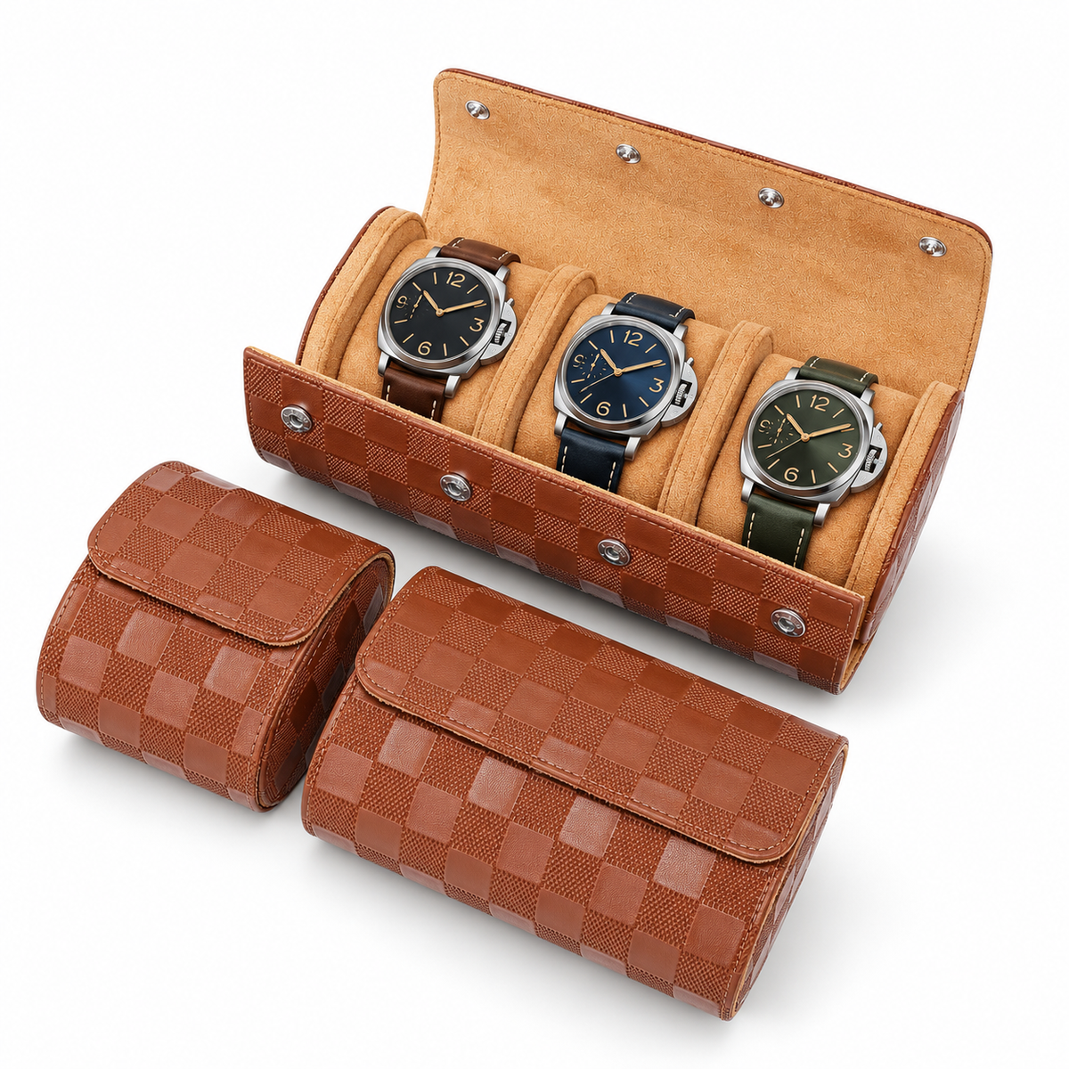 Lot de 3 étuis à montre en cuir PU matelassé caramel pour 1, 2 et 3 montres