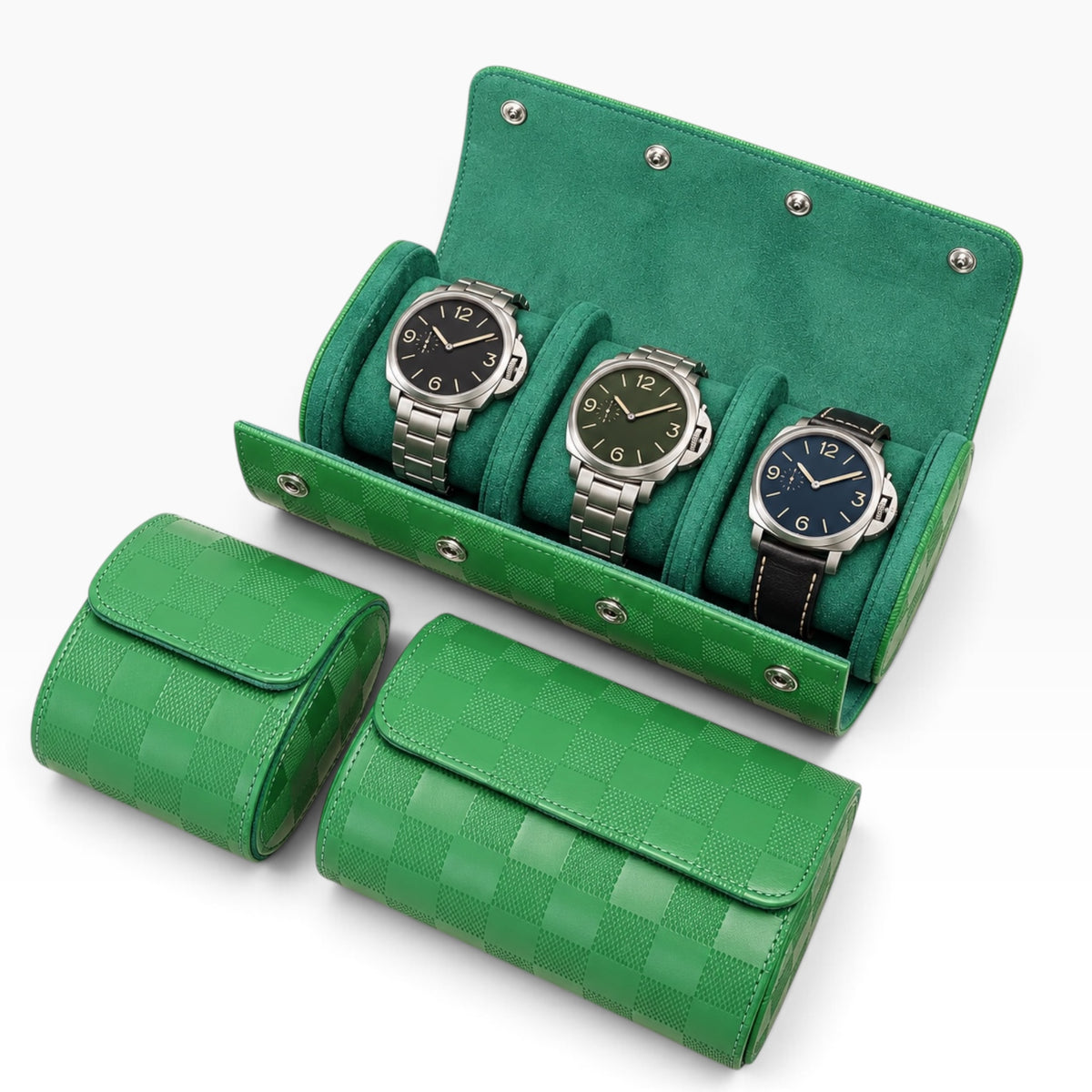 Lot de 3 étuis à montre en cuir PU matelassé vert pour 1, 2 et 3 montres