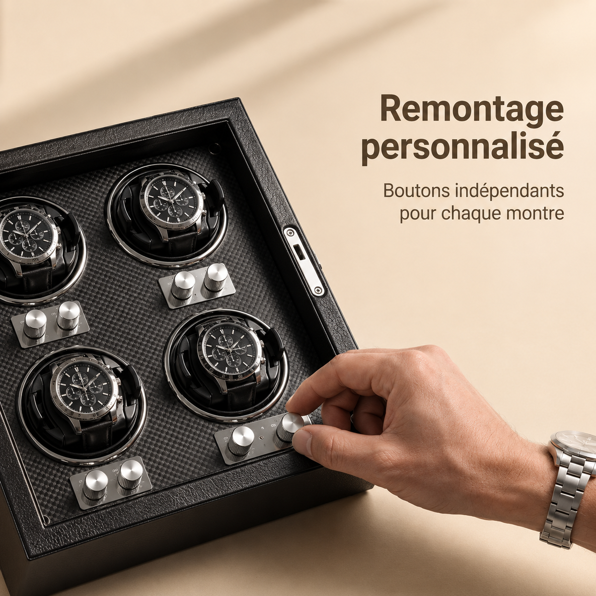 Remontoir pour montres automatiques en cuir PU noir, boutons de remontage indépendants pour chaque montre