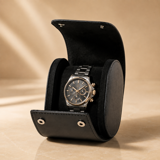 Étui à montre en cuir noir ouvert avec 1 montre – vue 2