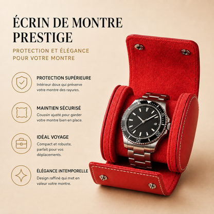 Étui à montre en cuir rouge ouvert avec 1 montre, visuel marketing