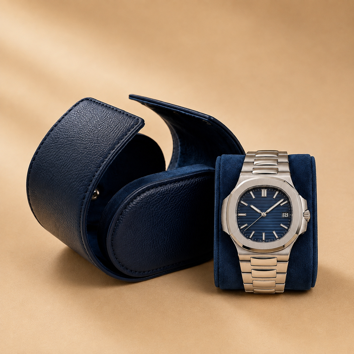 Étui à montre en cuir bleu marine ouvert avec 1 montre – vue 2