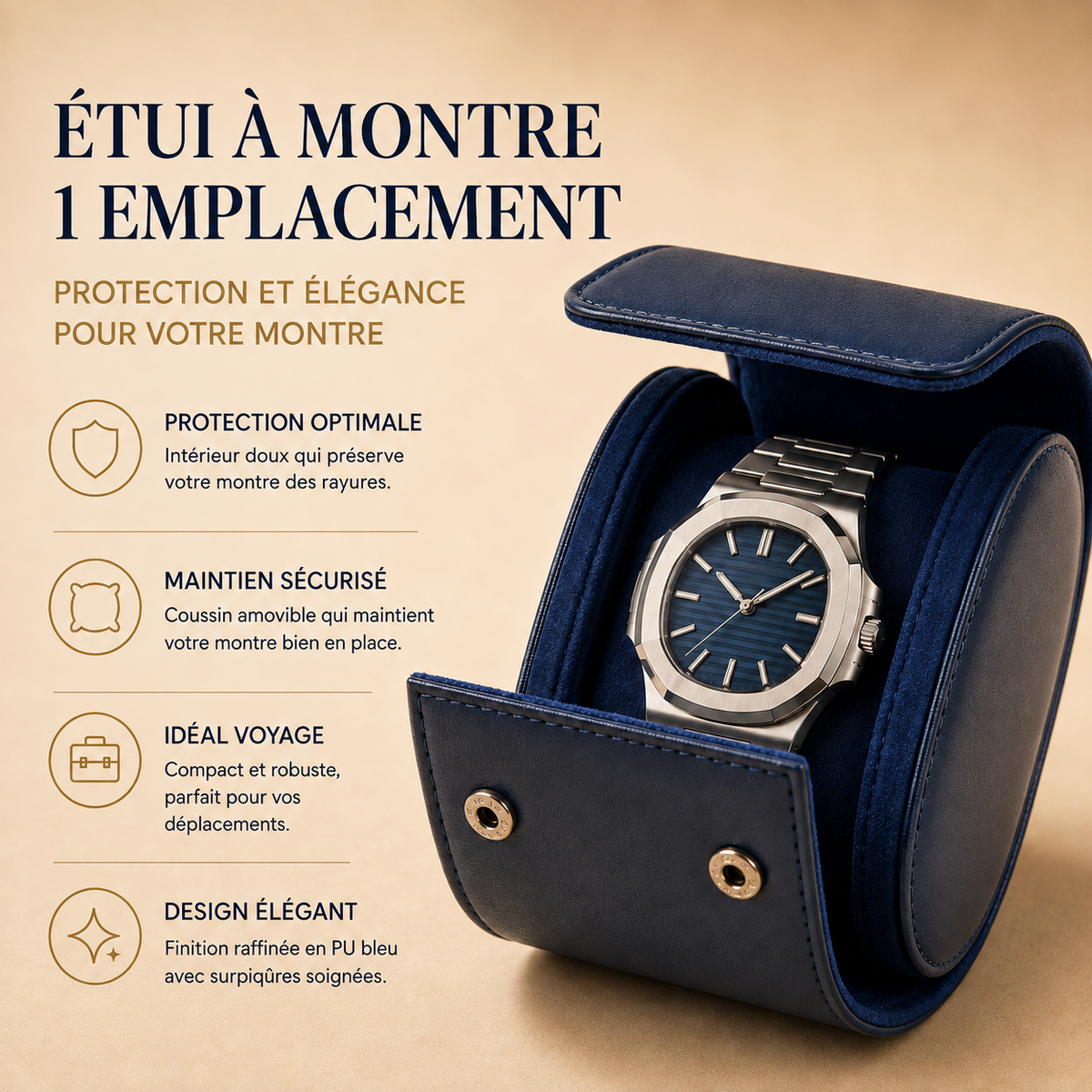Étui à montre en cuir bleu marine ouvert avec 1 montre, visuel marketing