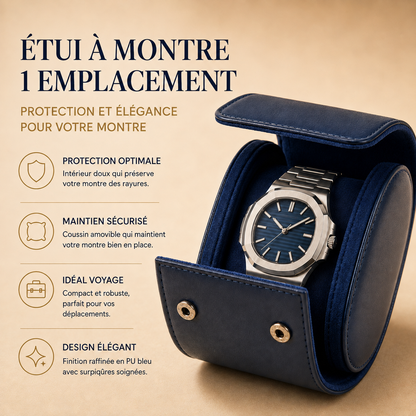 Étui à montre en cuir bleu marine ouvert avec 1 montre, visuel marketing