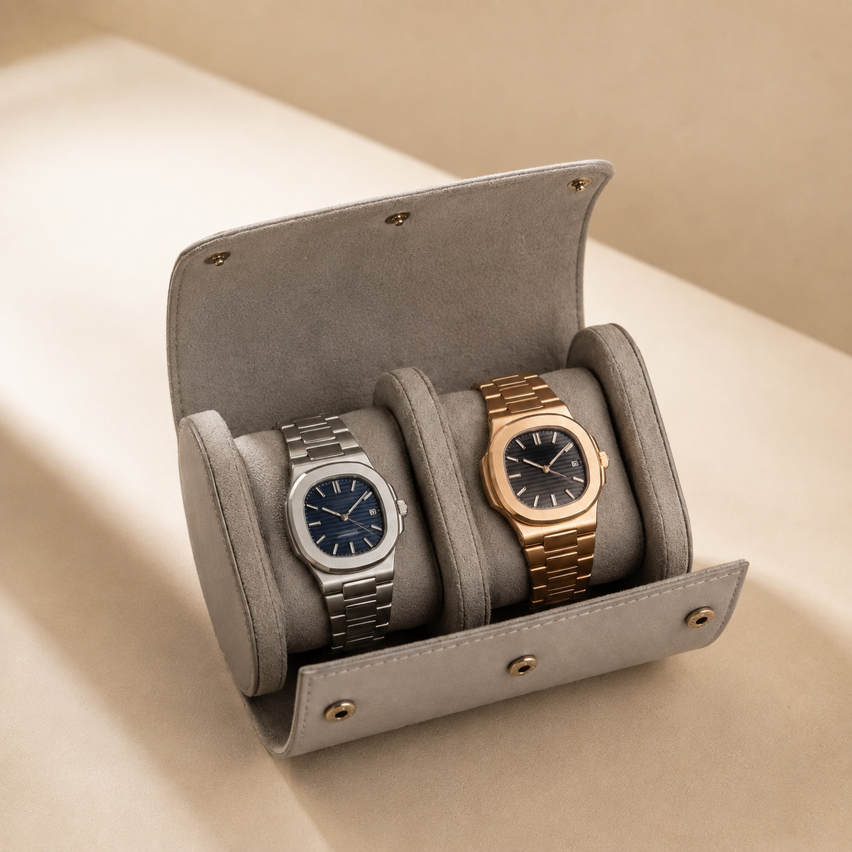 Étui à montre en cuir gris ouvert avec 2 montres – vue 2
