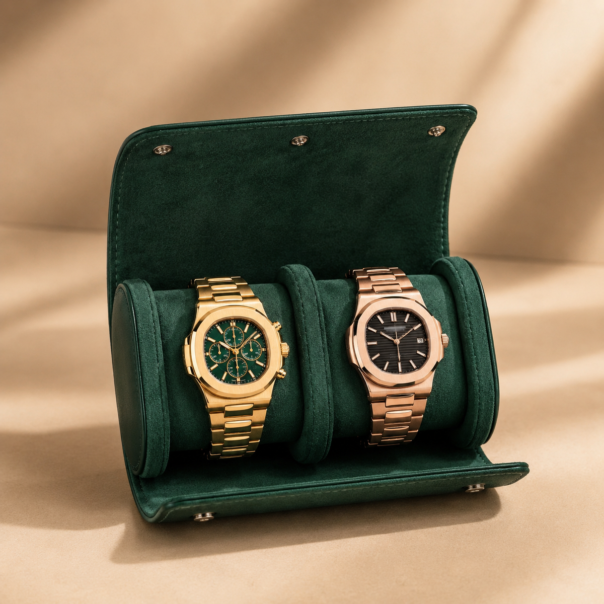 Étui à montre en cuir vert ouvert avec 2 montres – vue 2
